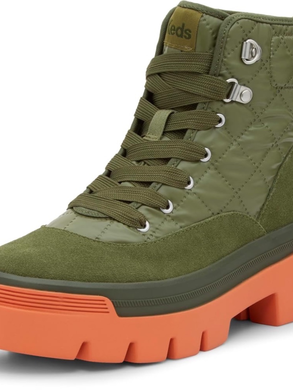 Keds Combat Boots Quilted Nylon Army Green with Coral Soles Women's 8.5
